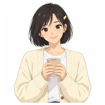 Lin, a young woman with short black hair holding a cup of tea